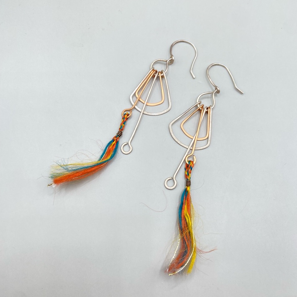 Artisan Mixed Metal Earrings with Silk Thread Accent